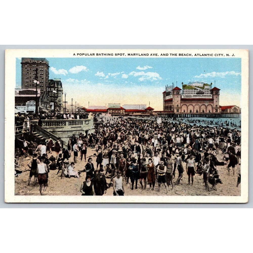 Vintage Postcard Atlantic City NJ Maryland Ave Beach Bathing Crowd 1920s Unused
